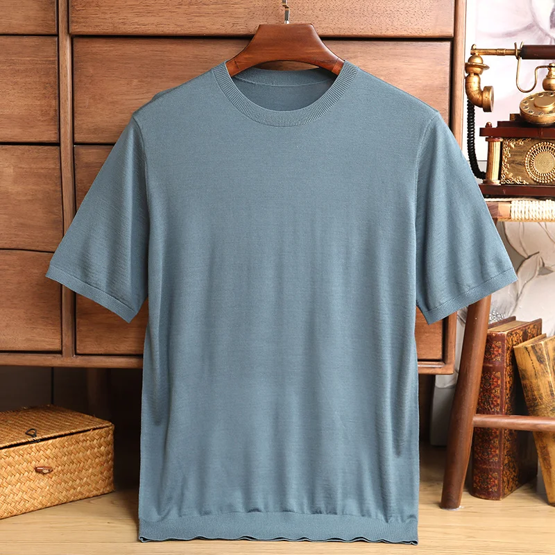 

Summer Thin Wool Solid Color Round Neck Short-sleeved Sweater Korean T-shirt Men's Knitting Top