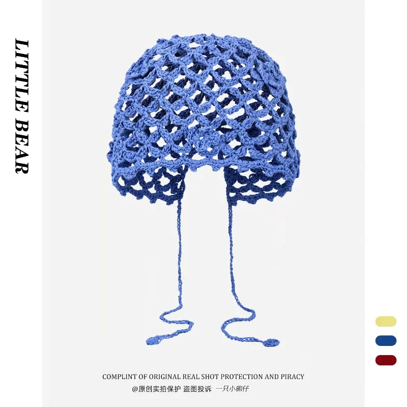 

Korean Ins Retro Solid Color Handmade Crochet Hollow Beanies for Women Summer Thin Breathable Versatile Travel Pullover Hats