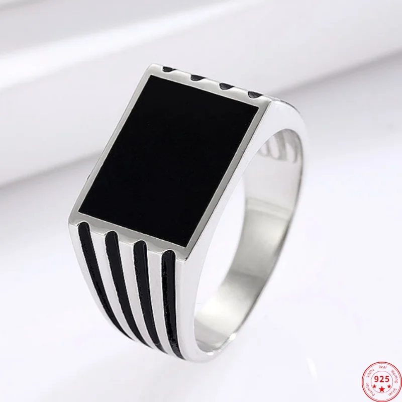 

Genuine S925 Sterling Silver Rings for Women Men New Fashion Ancient Stripe Pattern Square Black Enamel Jewelry Wholesale