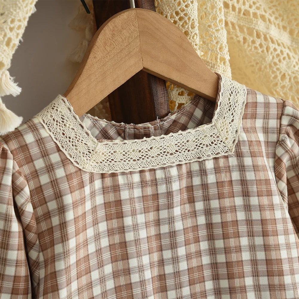 2025 Autumn New British French Style Dress Brown Checkered Lace Square Collar Girls Sweet Artistic Princess Dress