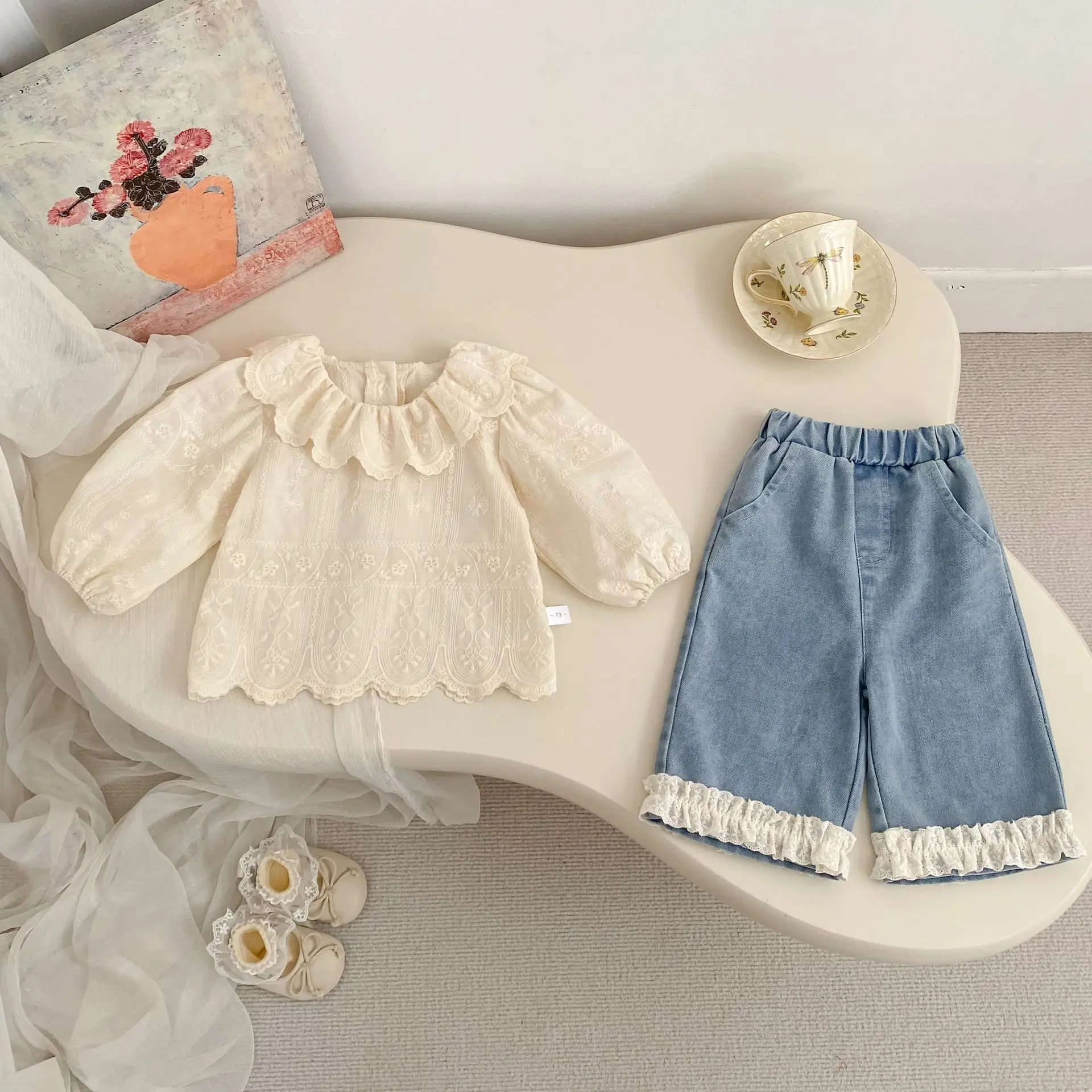 2026 Spring New Girls Long Sleeve Shirts Cotton Baby Girl Cute Lace Collar Blouse Children Solid Loose Tops Toddler Clothes
