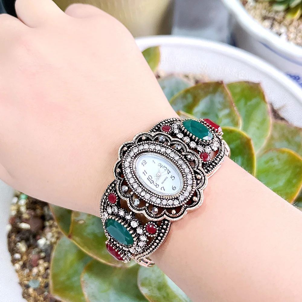 Sunspicems Retro Vintage Turkish Bangle Watch Jewelry For Women Antique Gold Color Resin Indian Arabic Wedding Cuff Bracelet