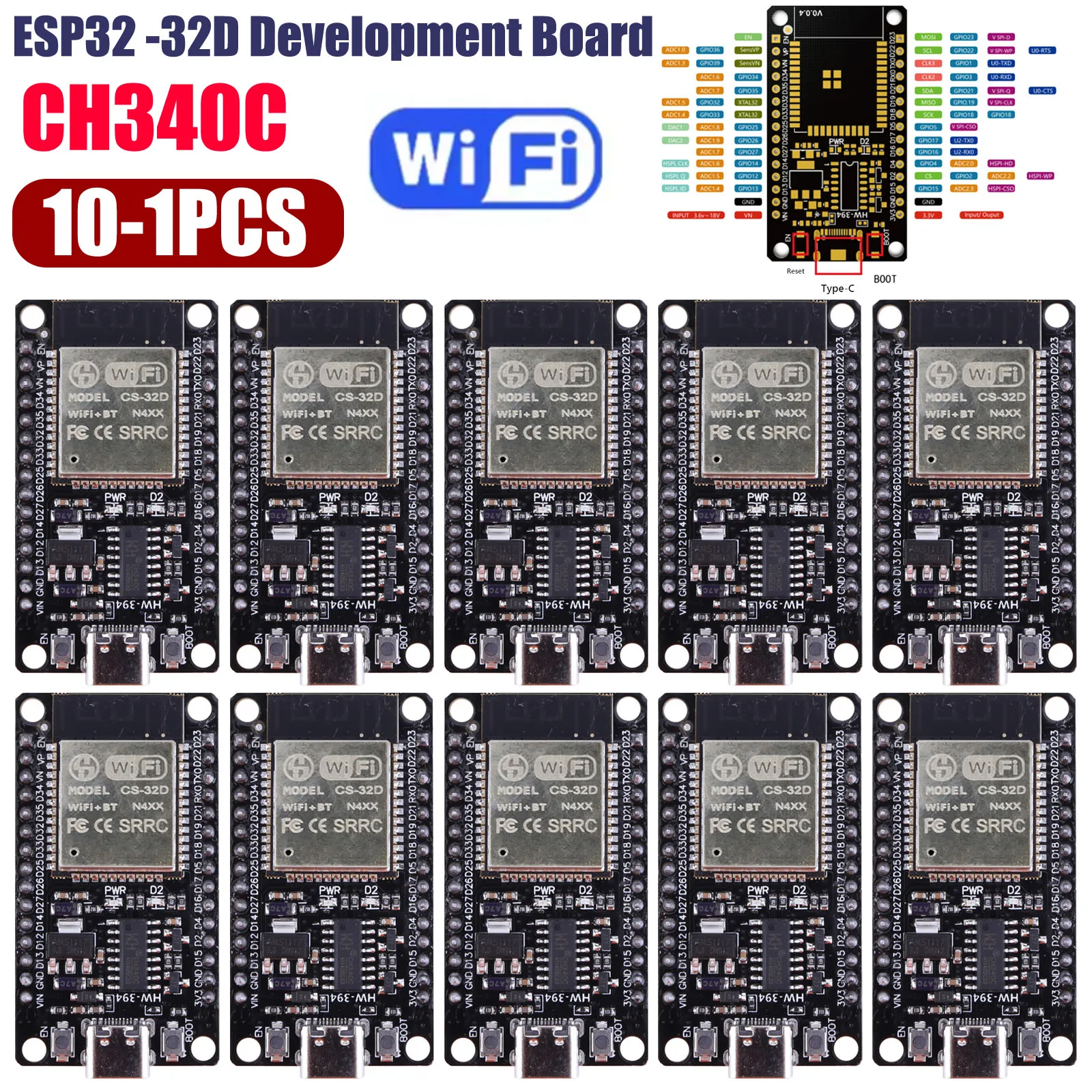 10-1PCS ESP32 -32D Development Board CH340C Type-C Wireless Module WiFi+Bluetooth-compatible Ultra-Low Power Consumption