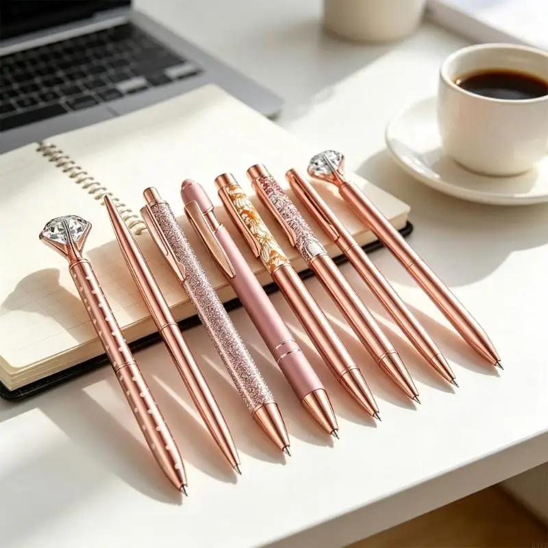 

8 шт., шариковая ручка из нержавеющей стали розового золота, выдвижная/поворотная шариковая ручка для письма, офиса, школьные