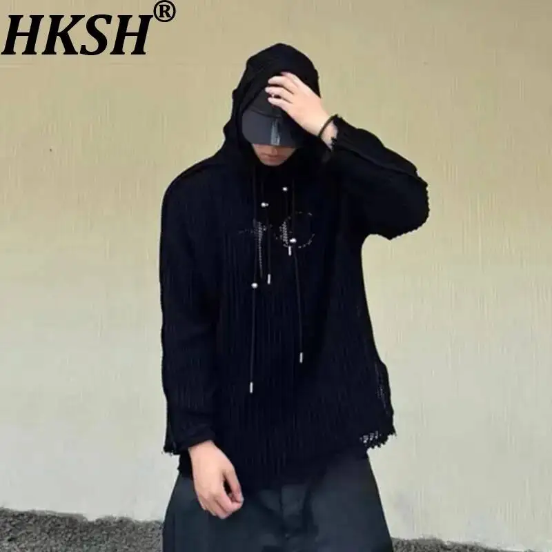 HKSH Spring Autumn New Men Tide Chic Ins Niche Mesh Knitted Hollowed-Out Metal Drawstring Distressed Hoodie Sweater Vibe HK25733