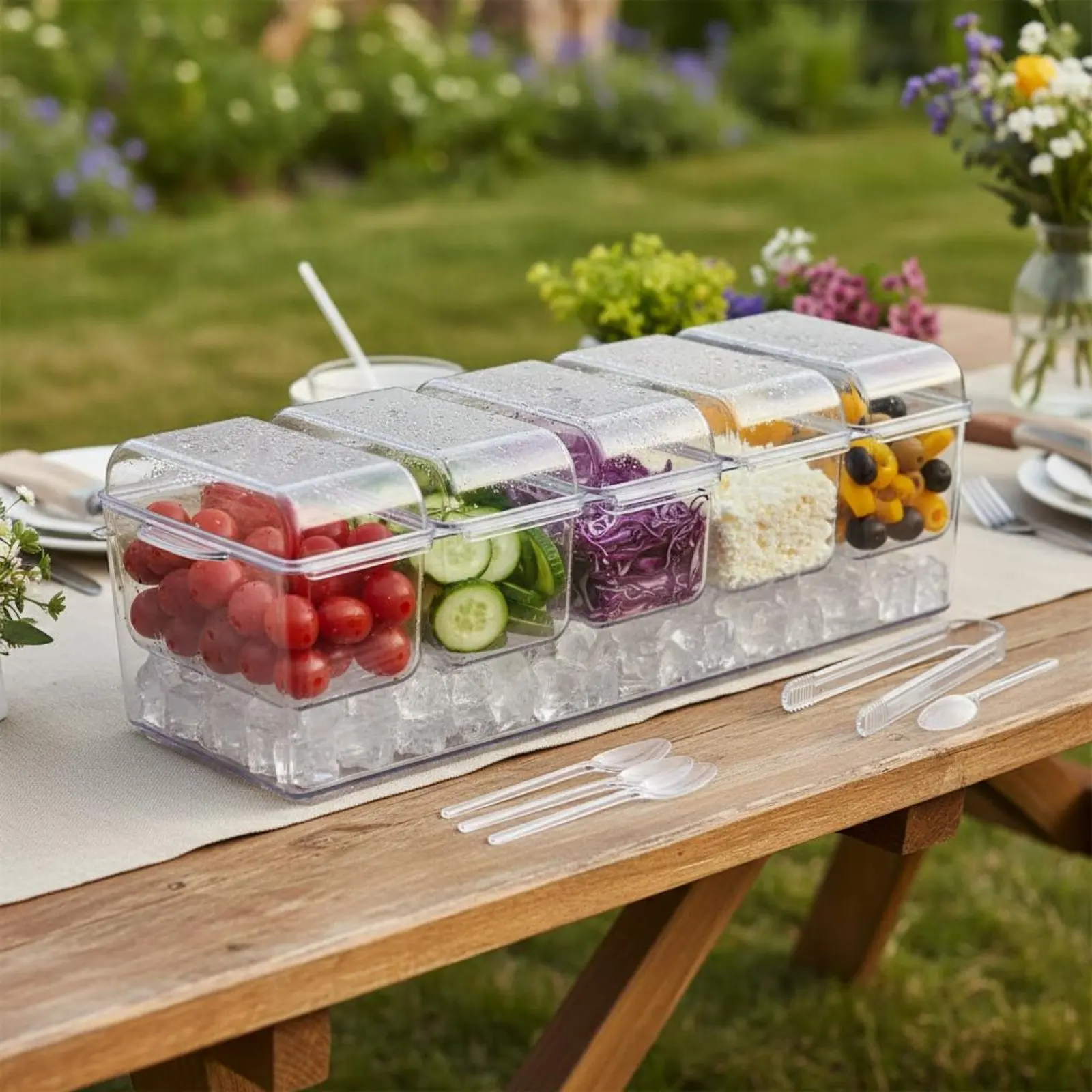 Portable Salad Container Crisp Keeping Chilled Fruit Container Compartment Tray Clear Plastic Picnic Ware Easy to Clean