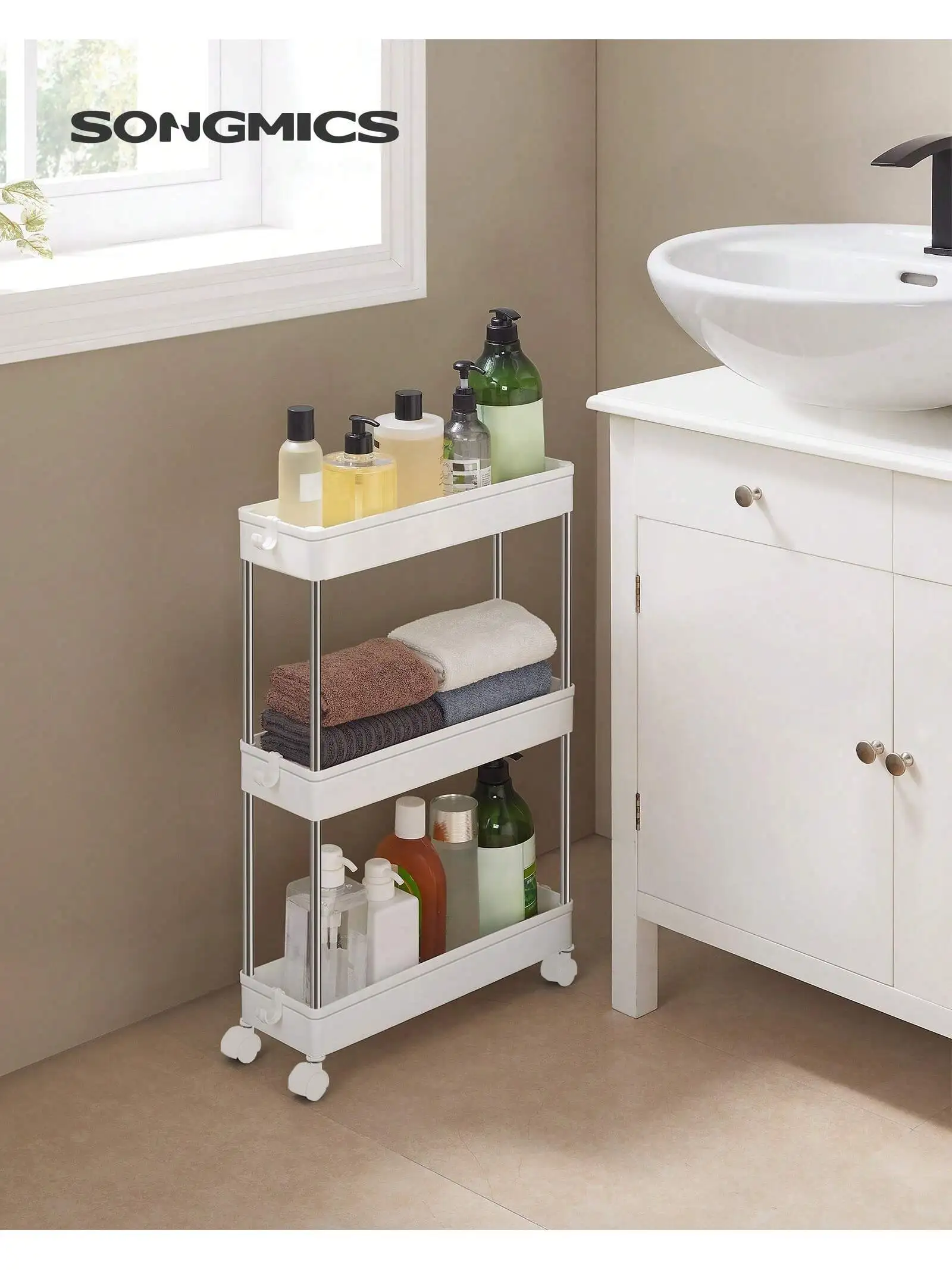 Carrello portaoggetti SONGMICS, ripiano rotante, 3 livelli, salvaspazio, per bagno, cucina, ufficio, 40x13.5x60 cm