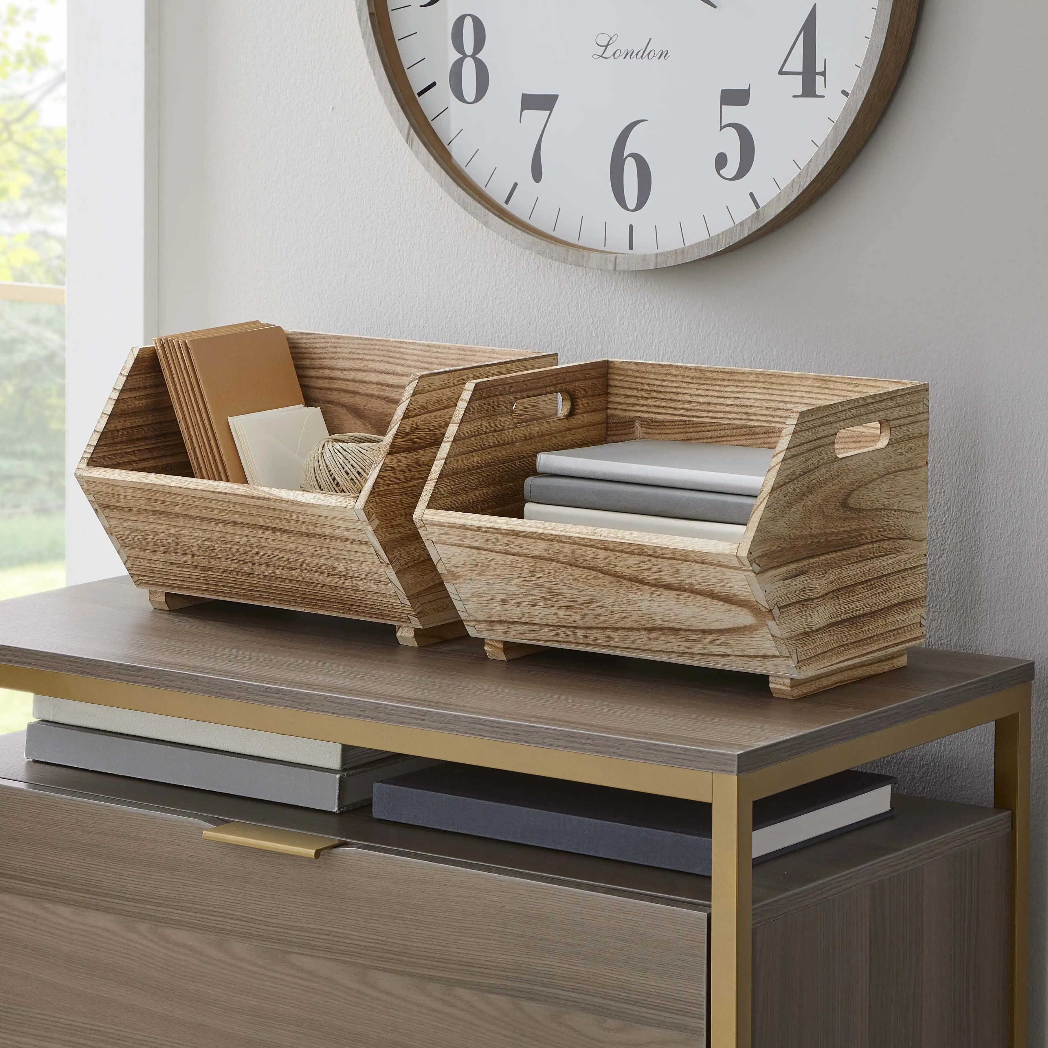 Adult Natural Wood Stacking Storage Bin Set 2-Piece