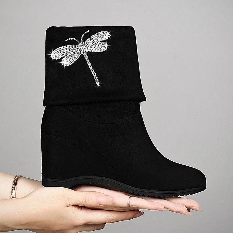 Women Hidden Wedge Ankle Boots 8cm Height Increasing Stretch Slip on Mid Calf Boots Fall Winter 2026 Fashion Short Boot