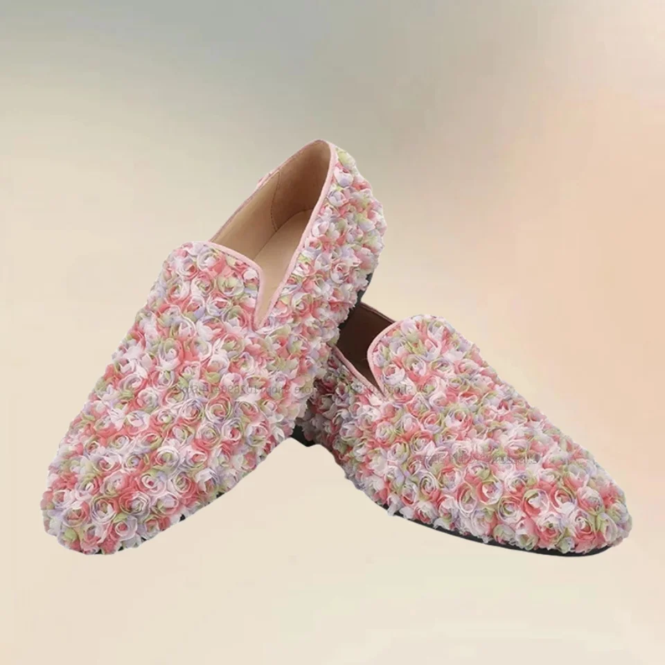 Pink Flower Appliques Lace Men Loafers Fashionable Novel Slip On Men Shoes Handmade Runway Casual Party Feast Low Top Men Shoes