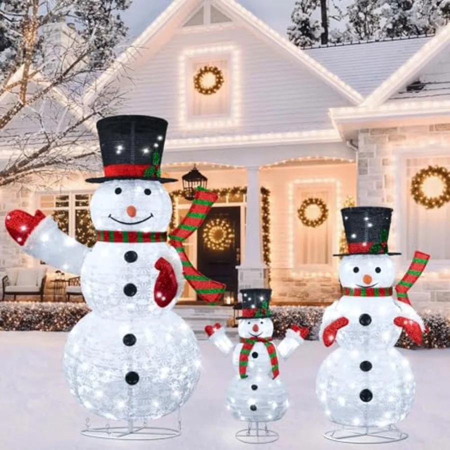 Outdoor Christmas Snowman Decorations Set: 3D Lighted, Collapsible, White PVC with Warm White LEDs, 4FT+3FT+2FT Pre-lit Snowman