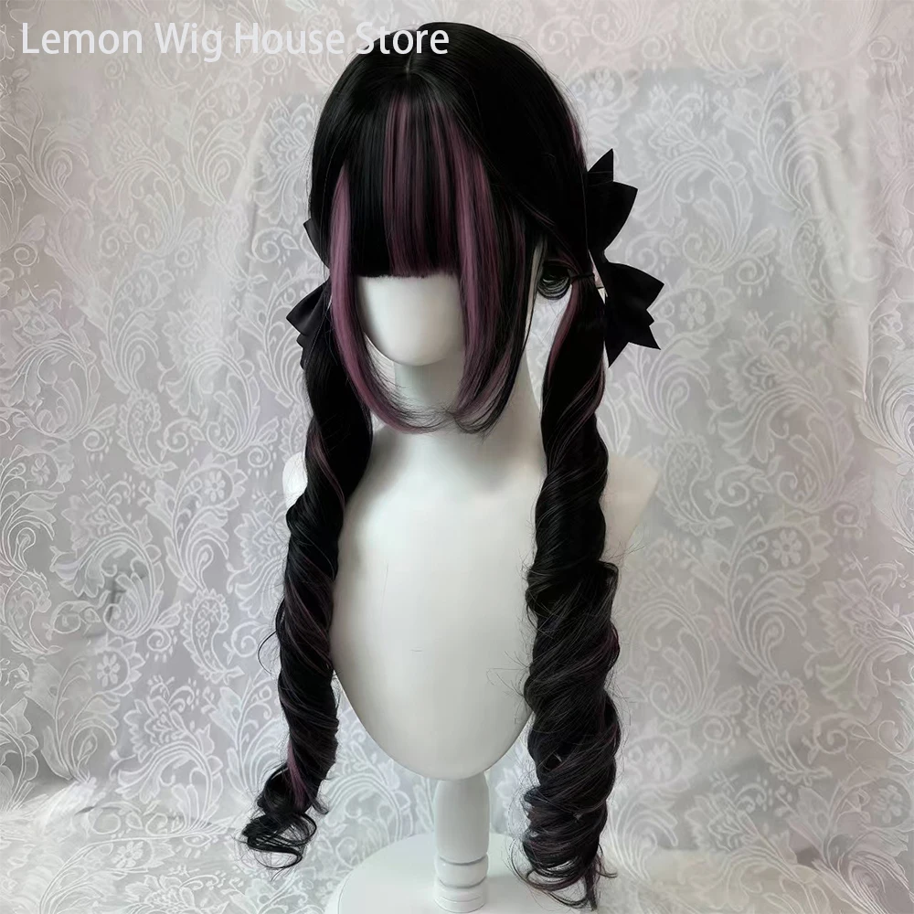 Picture 5: Black Wig with Pink Cosplay Wigs with Bangs  Lolita Long Curly Hair Wig Woman Party Cosplay Wig Natural Heat Resistant