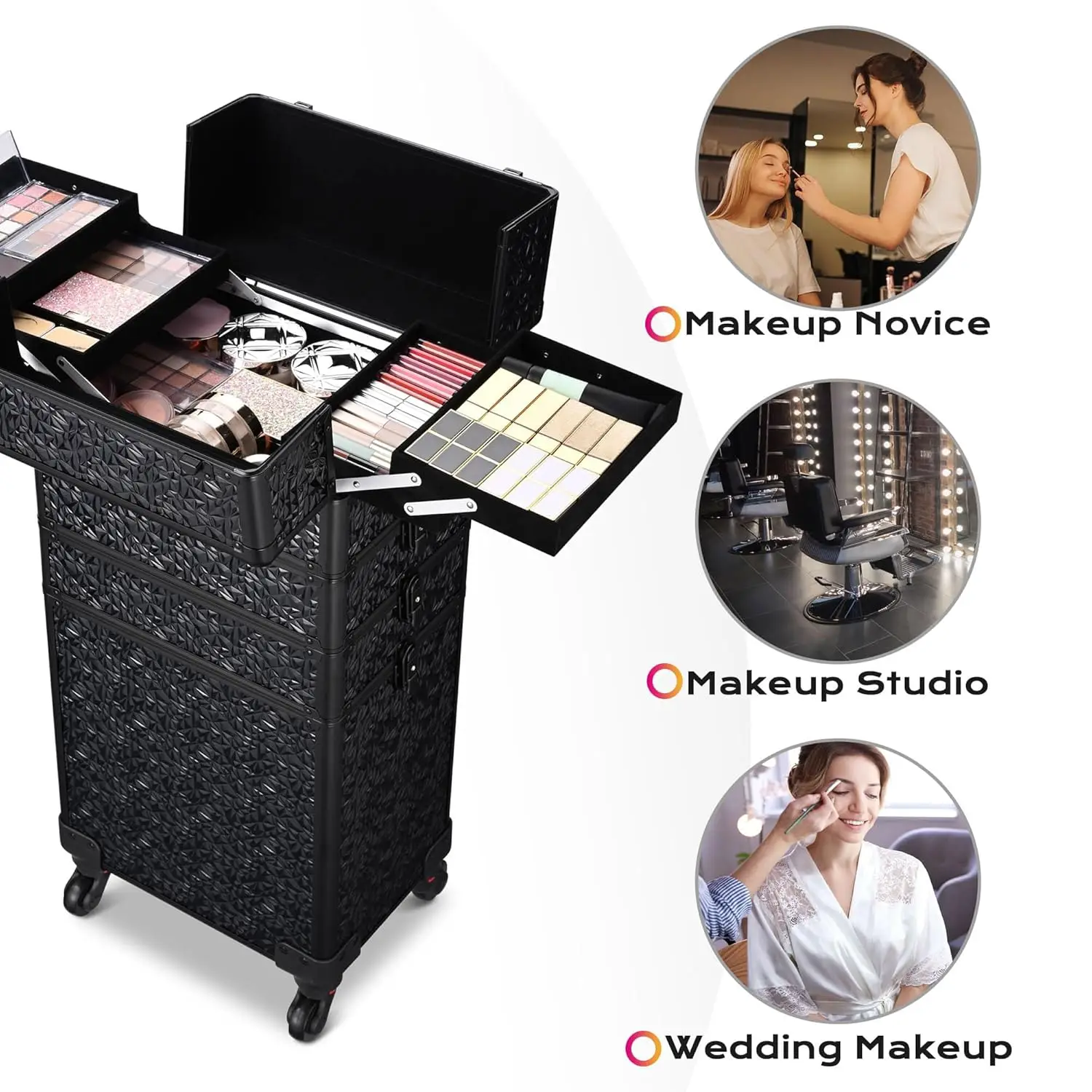 Rolling Makeup Train Case 4in1 Cosmetic Trolley Organizer Travel Case Lockable Salon Barber Case Traveling Cart Trunk