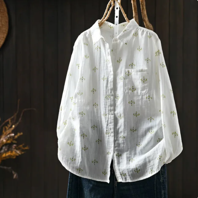 Women Autumn New Japan Style Cartoon Printed Cotton Yarn Shirts Vintage Turn Down Collar Long Sleeve Casual Loose Blouse Tops 6