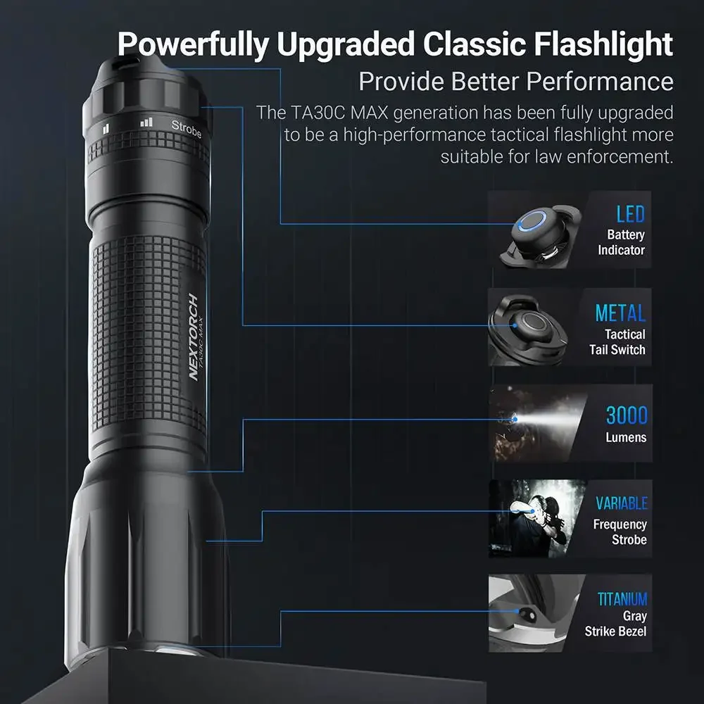 Nextorch TA30C MAX Tactical Flashlight 3000 Lumens Rechargeable Police Pocket Torch Included 1 X 21700 Battery for Self Defense