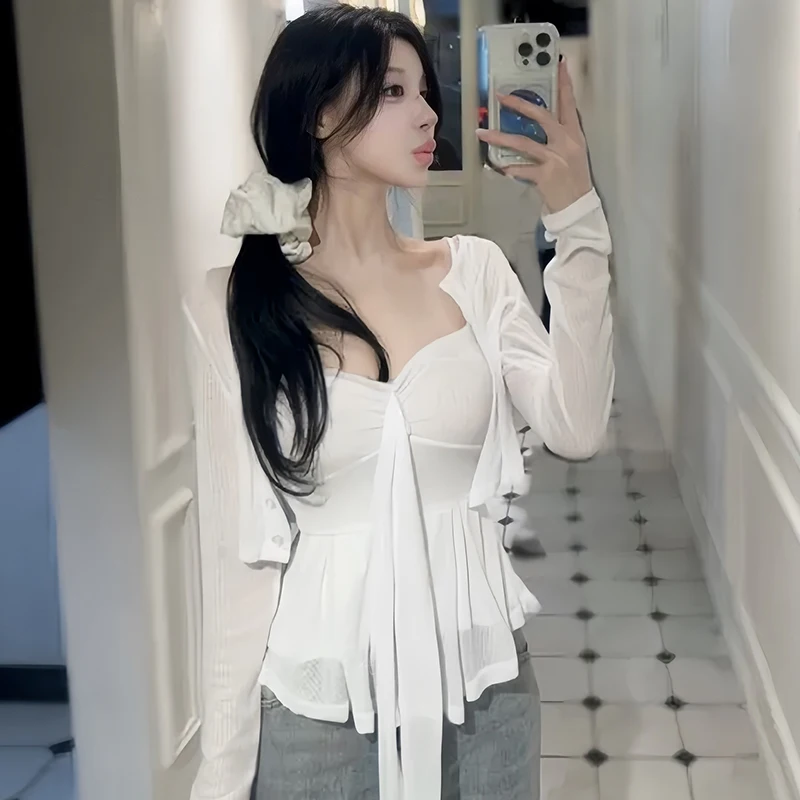 

Sexy White Strapless Long Sleeve Vest Top with Bow Tie Two Piece Set Women's Fashion Casual Wear Zilihua Brand