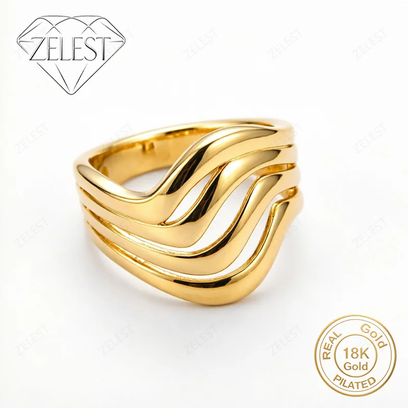 

925 Silver 18K Gold Plated Exquisite 8# Wave Pattern Ring Women's Fashion Party Gift Accessories Jewelry