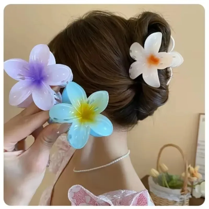 1Pc 8cm Gradient Colored Flower Acrylic Hair Claws Clip Women Girls Sweet Hairpins Beach Hawaiian Style Hair Accessories