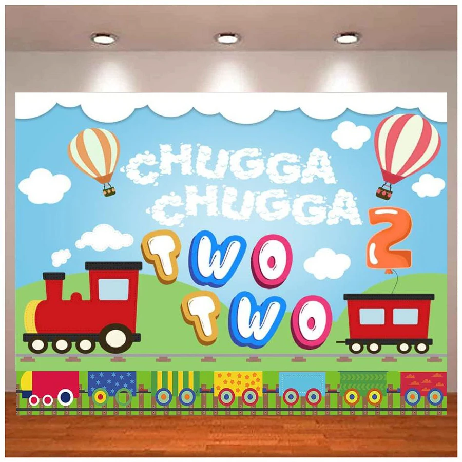 お誕生日おめでとう写真の背景,赤い列車の男の子,chugga chugga,2つの青い空,白い雲,choo chooの背景の装飾