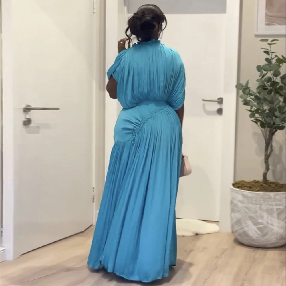 فستان فاخر أنيق فضفاض مطوي فستان محكم من عند الصدر ويتدلى بشكل واسع للنساء بلون سادة وأكمام قصيرة فساتين ماكسي لصيف وخريف 2025 رداء حفلات الكوكتيل