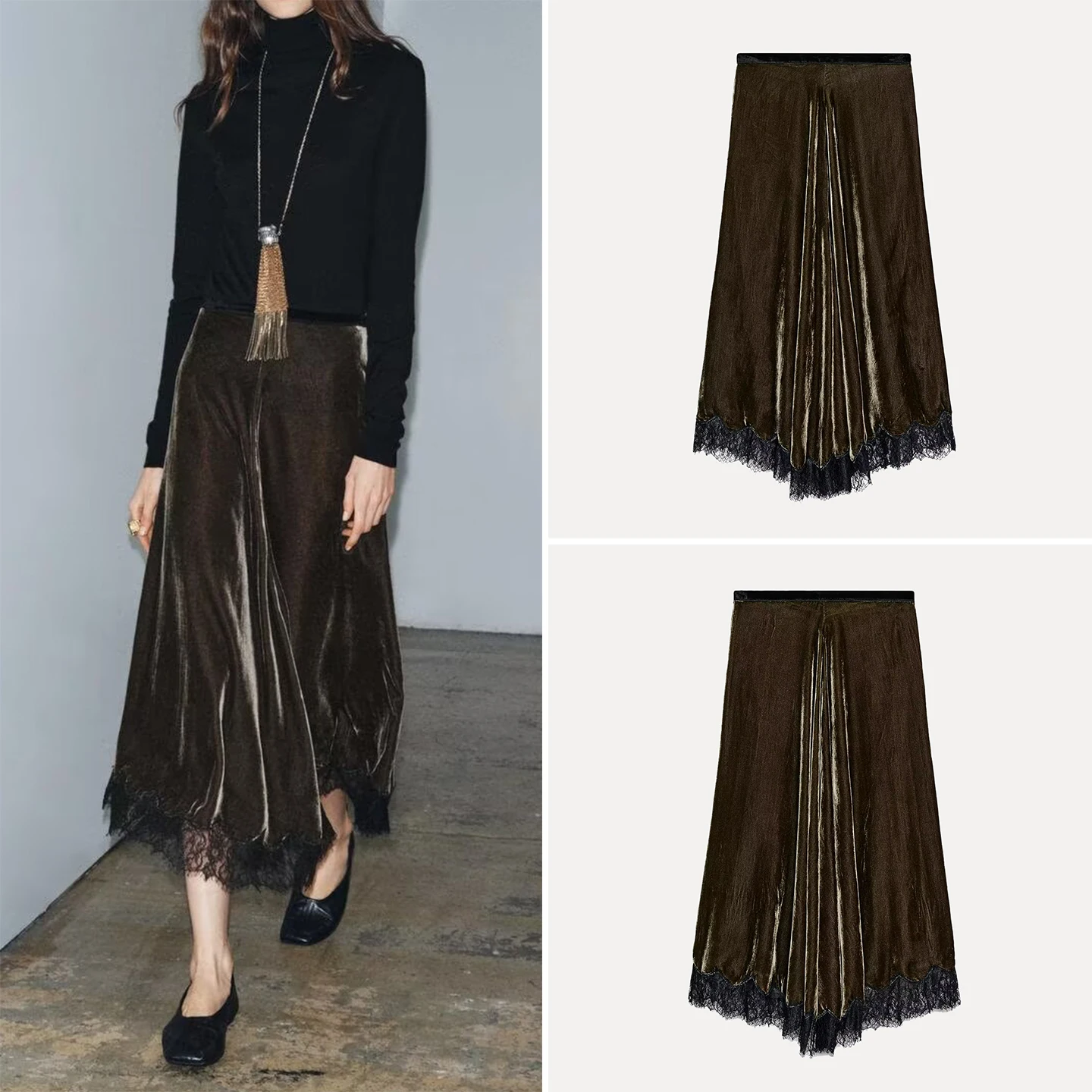 Elegant High Waist Lace Dress Women's Fashion Autumn 2025 ZADATA Brand Casual Scene A-Line Skirt Standard Fit Other Material