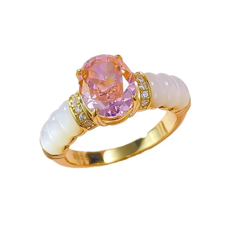 Spring Qiaoer 18K Gold Plated 925 Sterling Silver Sparkling 7*9 MM Oval Lab Padparadscha Gemstone Party Ring for Women Jewelry