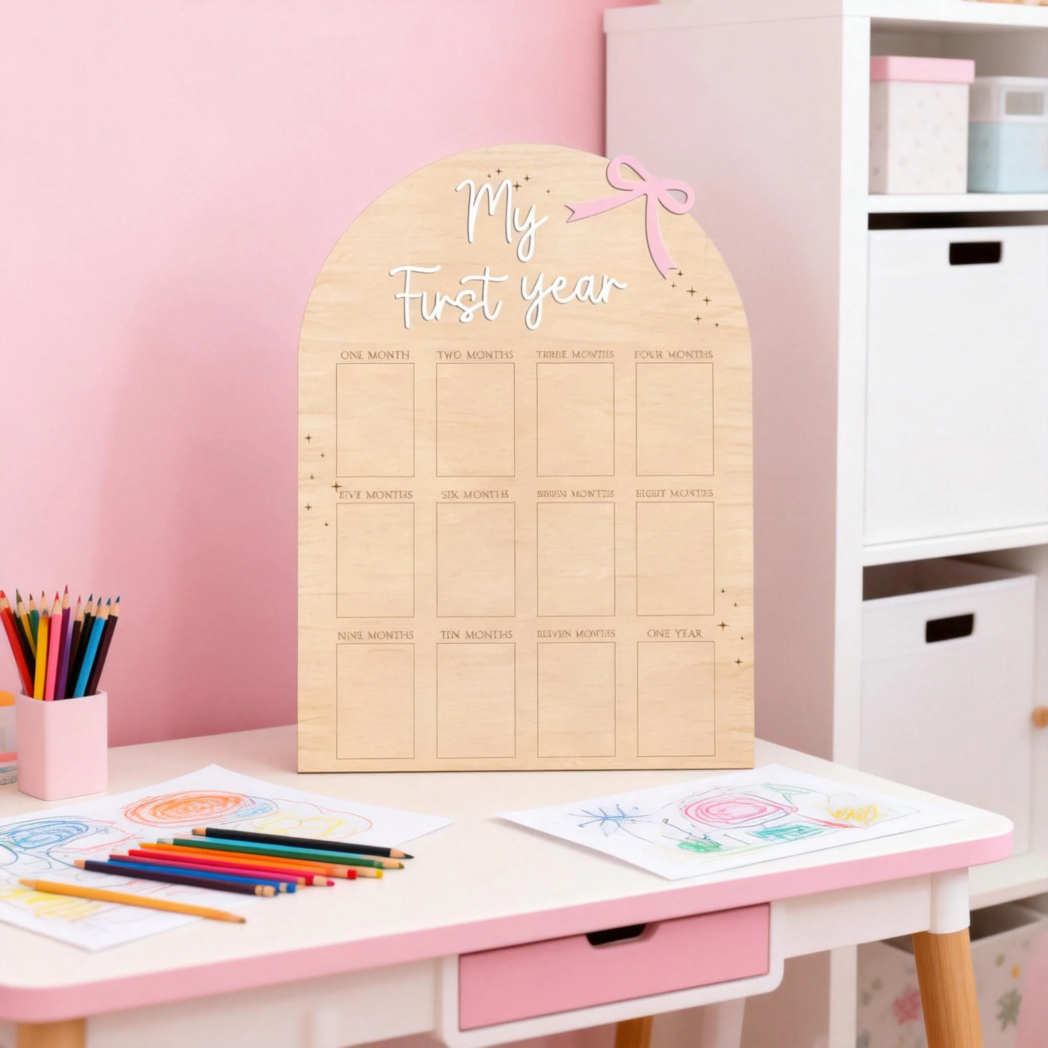 

Pink Bow 1st Birthday Photo Board - Wooden Milestone Display for Baby Girls,1-12 Months, "My First Year" Printed on Top of Frame