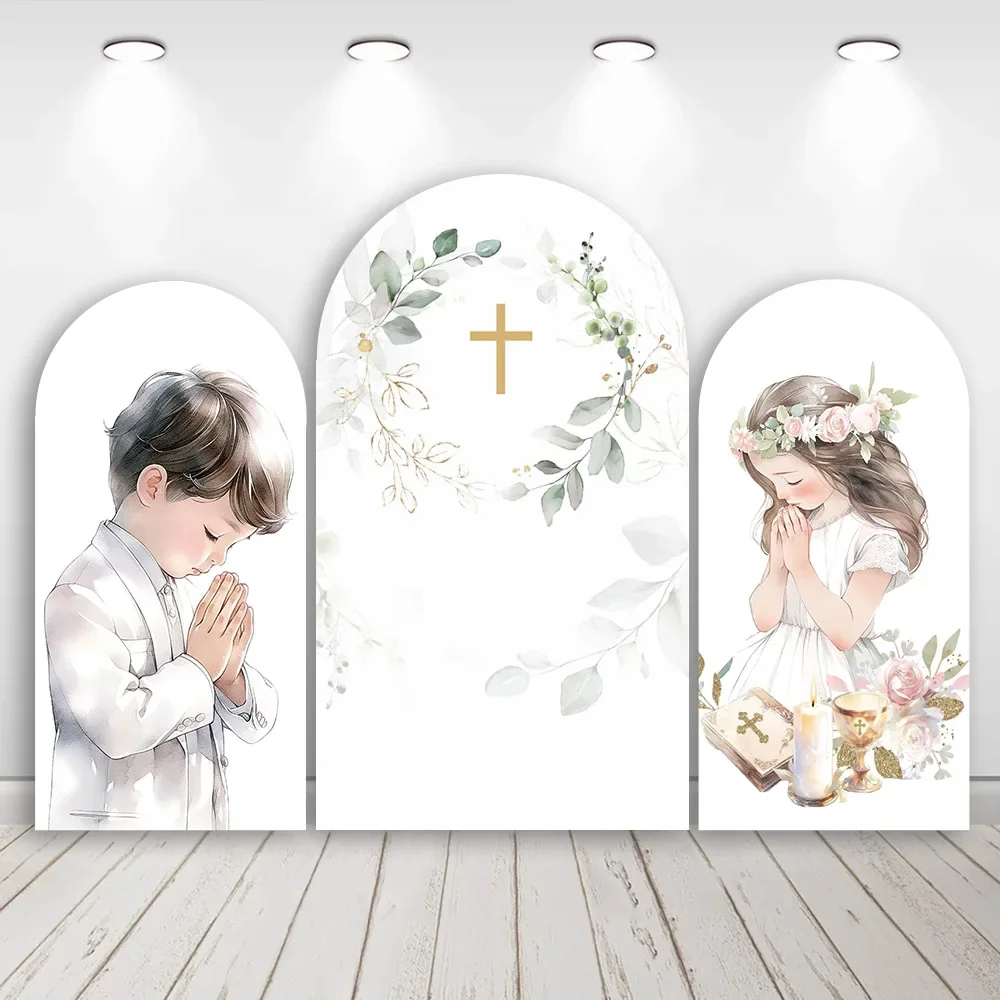 

Двусторонний фон Mehofond для фотосессий на Первое Причастие, Крещение, Бэби-шауэр, с надписью «Боже, благослови» и аркой «Кьяра»