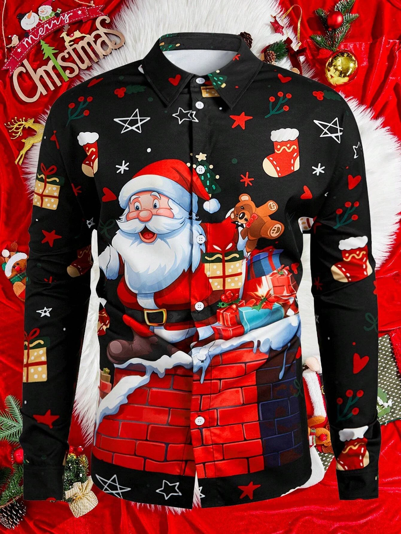 

Men's Christmas Themed 3D Printed Santa Claus Gift Pattern Lapel Long Sleeve Shirt Casual Business Long Sleeve Shirt