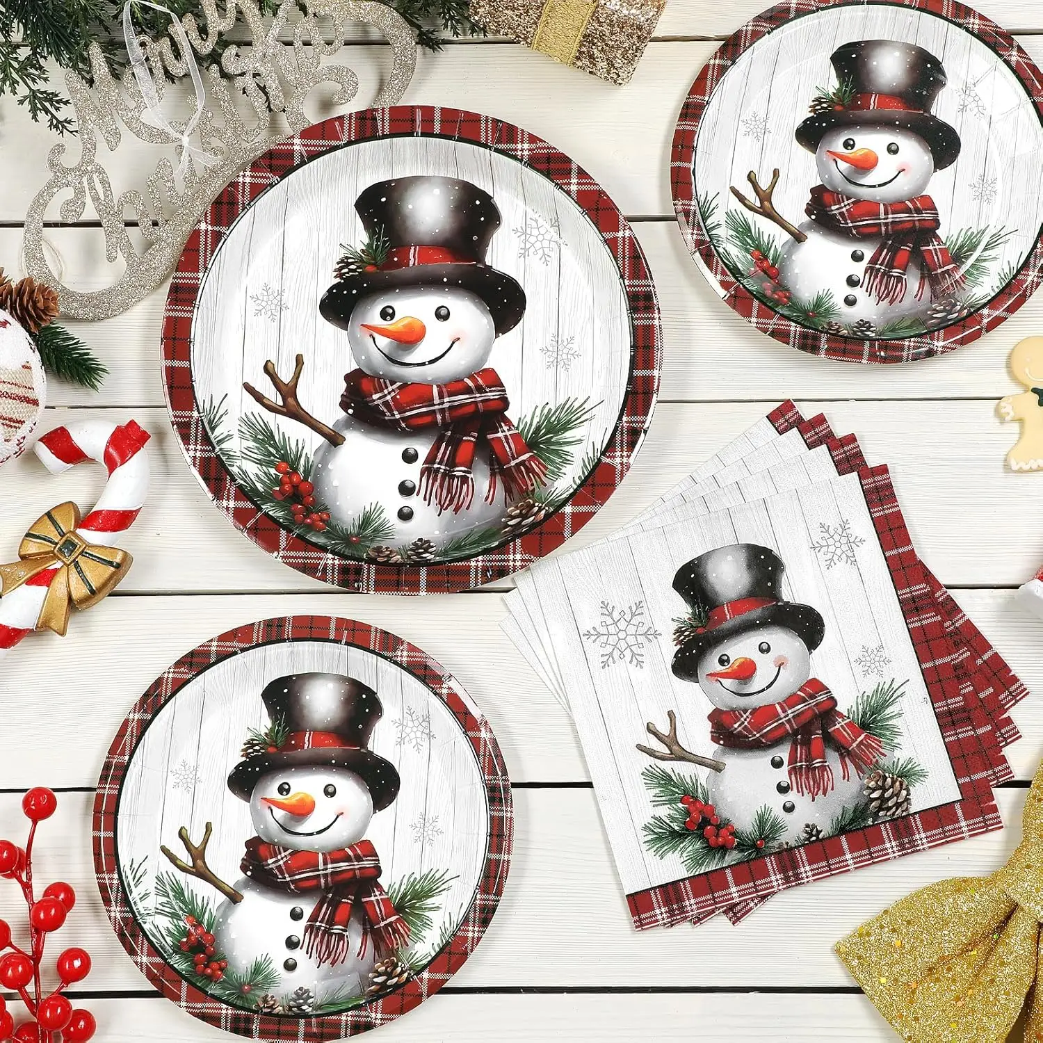 Homlouue 200 Pcs Christmas Paper Plates And Napkins Sets, 9Inch Christmas Plates Disposable Heavy Duty, Christmas Snowman