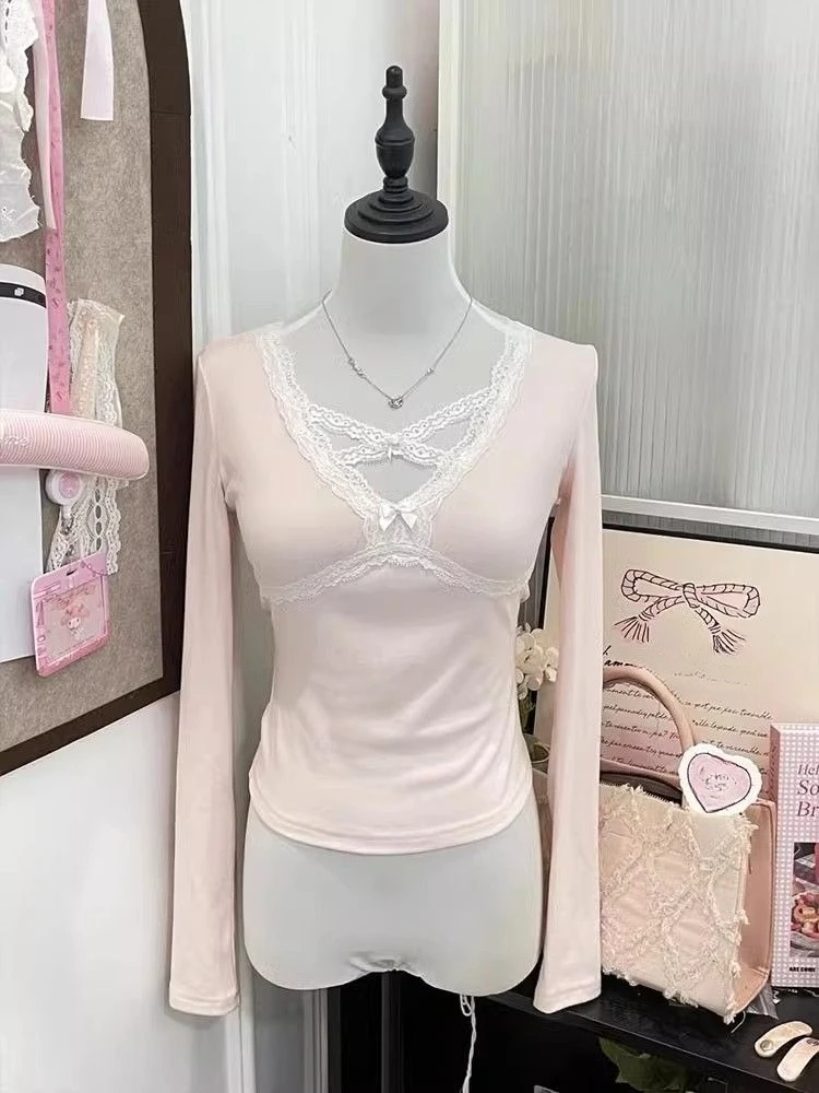 Pink Lace Bow V-neck T-shirt 5