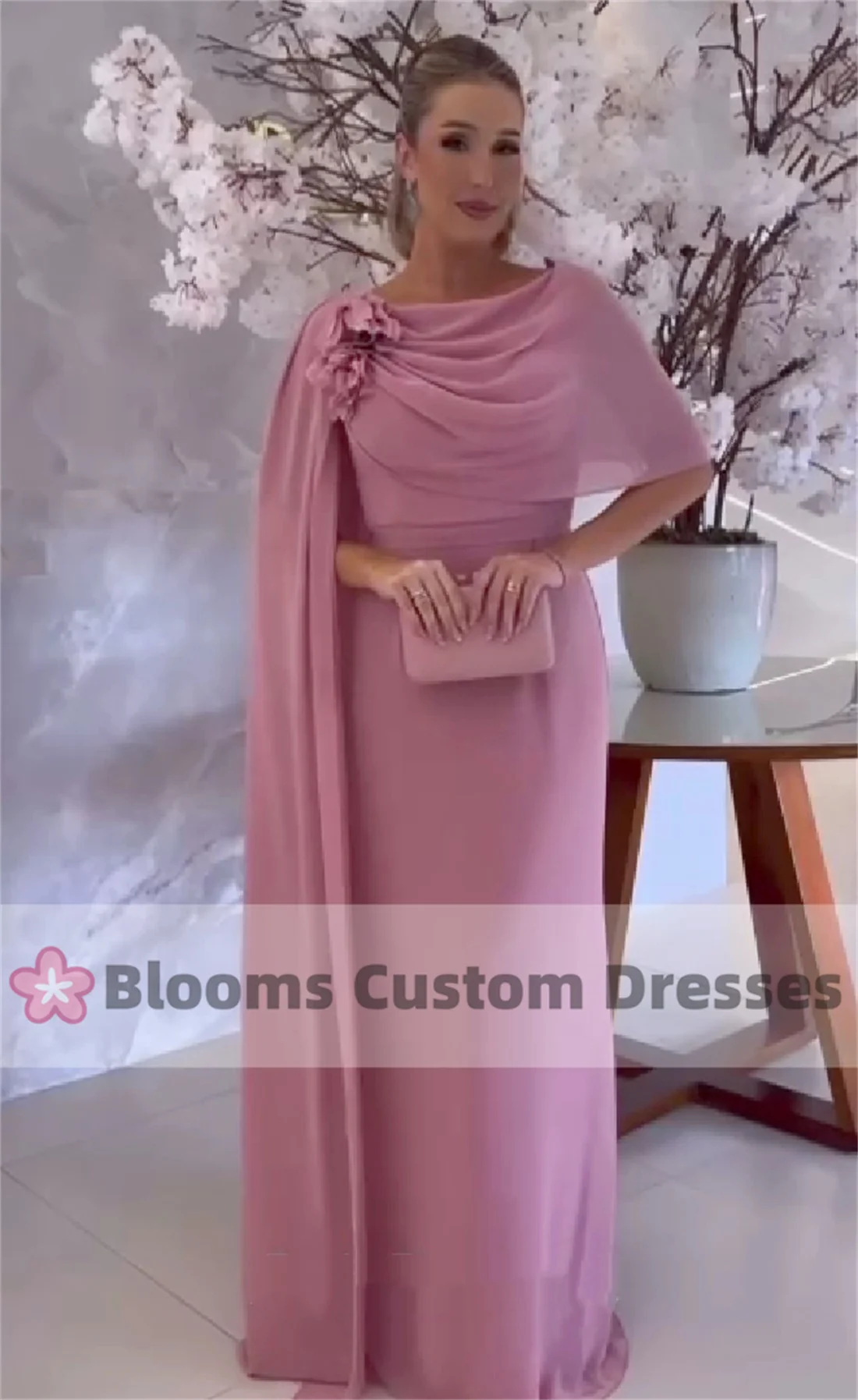 Blooms Chiffon Flowers Customized Evening Dresses For Prom Cape Sleeve Elegant Party Gown robes invitée mariage