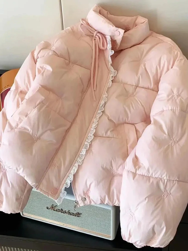 Zoki الدانتيل المرقعة الوردي سترات المرأة الحلو Preppy نمط فضفاض شتاء دافئ منتفخ معطف الكورية طويلة الأكمام لطيف القوس الدانتيل يصل سترة #4