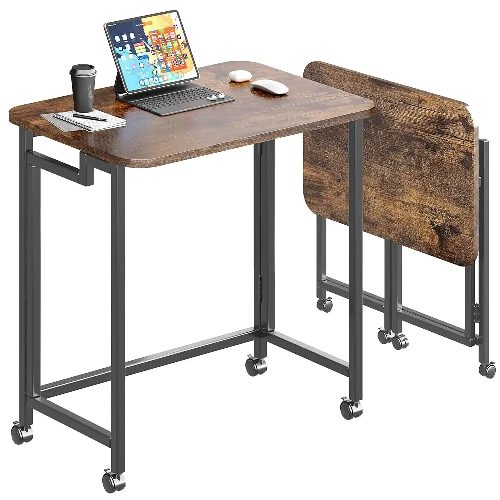 

23.6"" Small Folding Desk, White Mobile Computer Desk With Wheels, Home Office Study Writing Desk Laptop Cart Table For Small