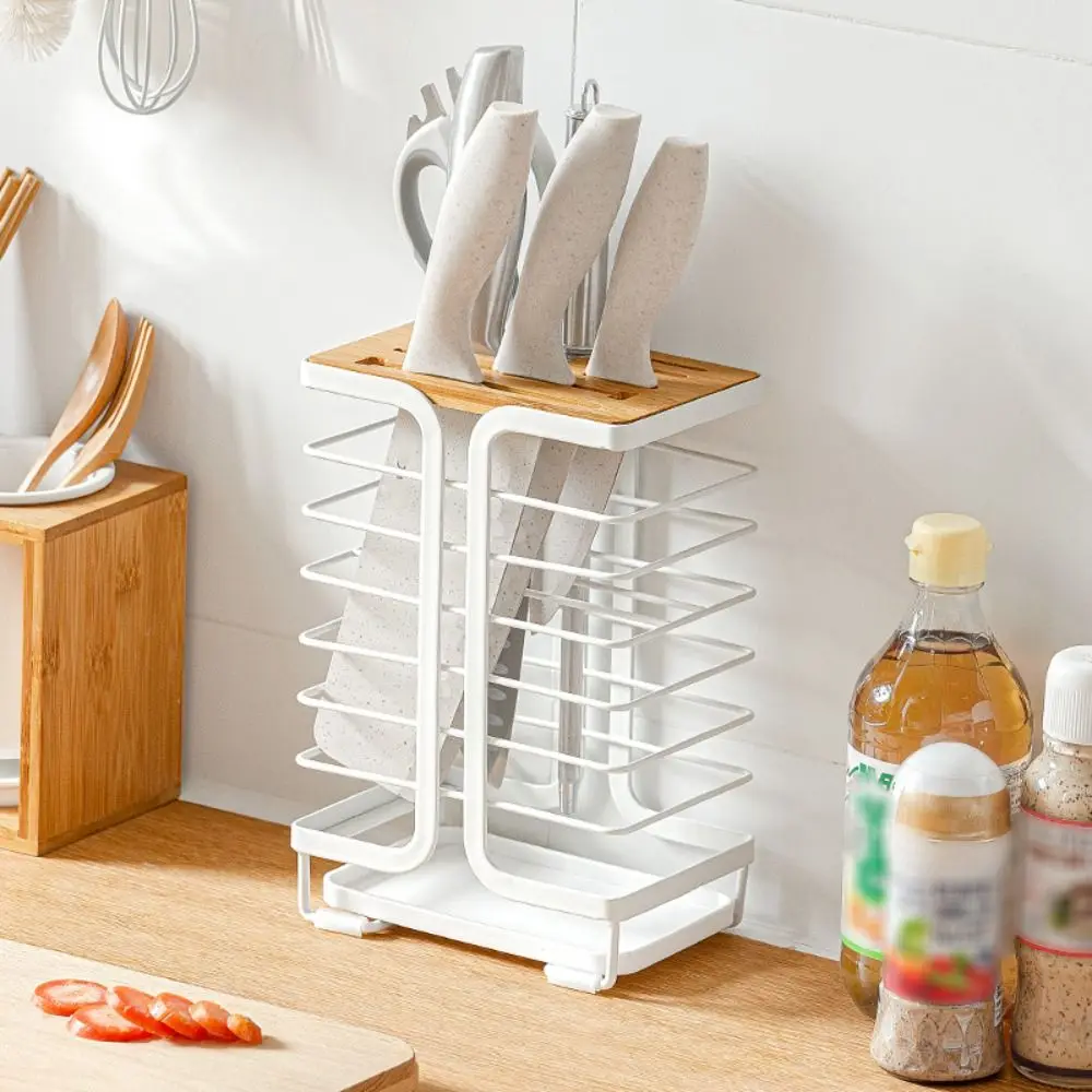 Multiple Slots Kitchen Cutter Holder with Drain Tray Ventilated Kitchen Cutter Organizer Metal Stable Cutter Storage Rack