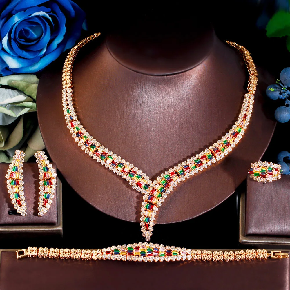 

ThreeGraces 4pcs Luxurious Multicolor Cubic Zirconia Stone Nigerian Dubai Bridal Wedding Dinner Jewelry Set for Women TZ733