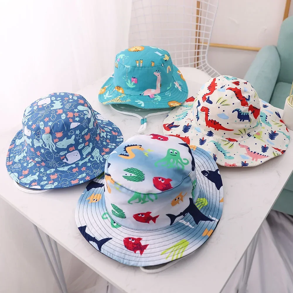 Spring Summer Thin Breathable Kids Bucket Hats Unisex Baby Sun Hats with Windproof Rope Children Outdoor Caps 6months-8years Old