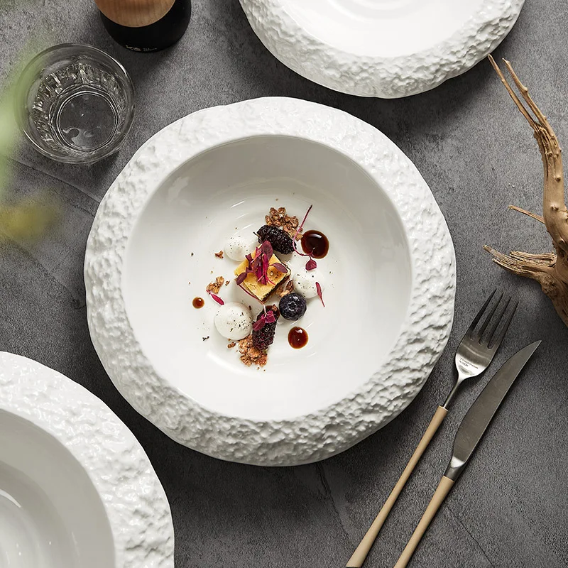 White Dinner Plate Rock Patternceramic Plate Household Deep Plate Soup Plate Dish Creative Hotel Restaurant High-grade Tableware