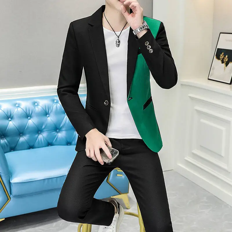 

Мужской повседневный костюм-двойка (пиджак и брюки) для весны и осени, модный, трендовый, свободного кроя, с воротником-стойкой, на одной пуговице, однотонный