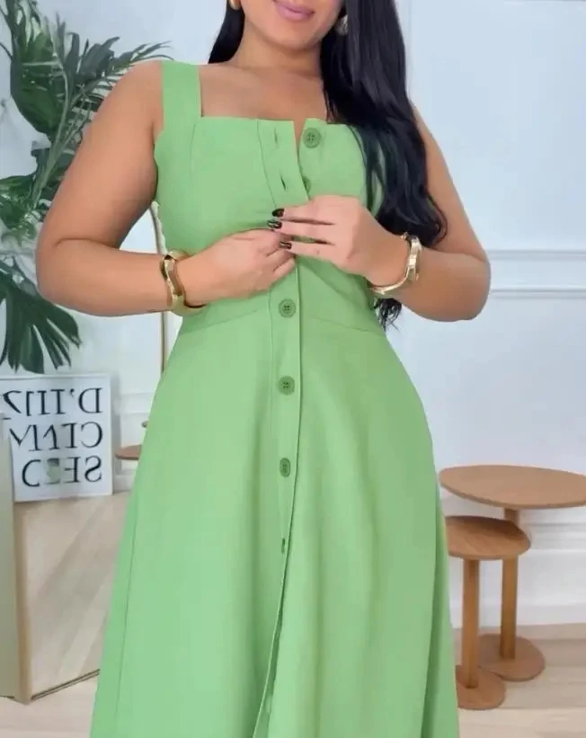 

Women Casual A Line Dresses Female Dairy Clothing 2025 Summer Temperament Woman Square Neck Thick Strap Tied Detail Maxi Dress