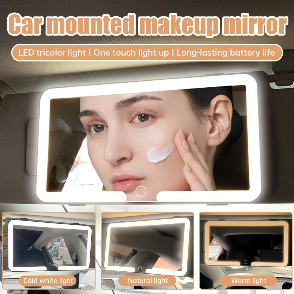 HD Mirror Car LED Makeup Mirror Three Gear Adjustment Dimmable Touchscreen Auto Vanity Mirror Car Sun Visor Rechargeable