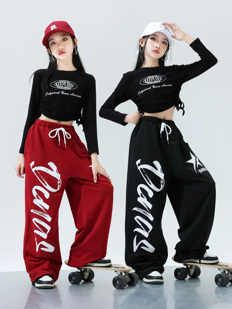 Kid Kpop Hip Hop Clothing Black Lace up Crop Top Long Sleeve T Shirt Casual Sweat Pants for Girl Boy Dance Wear Costumes Clothes