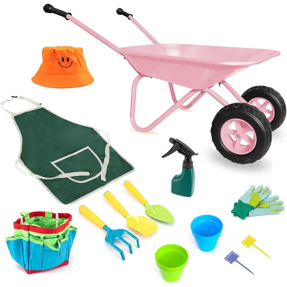 

Children's Pink Metal Wheelbarrow Set with 12 Piece Gardening Tools for Outdoor Play