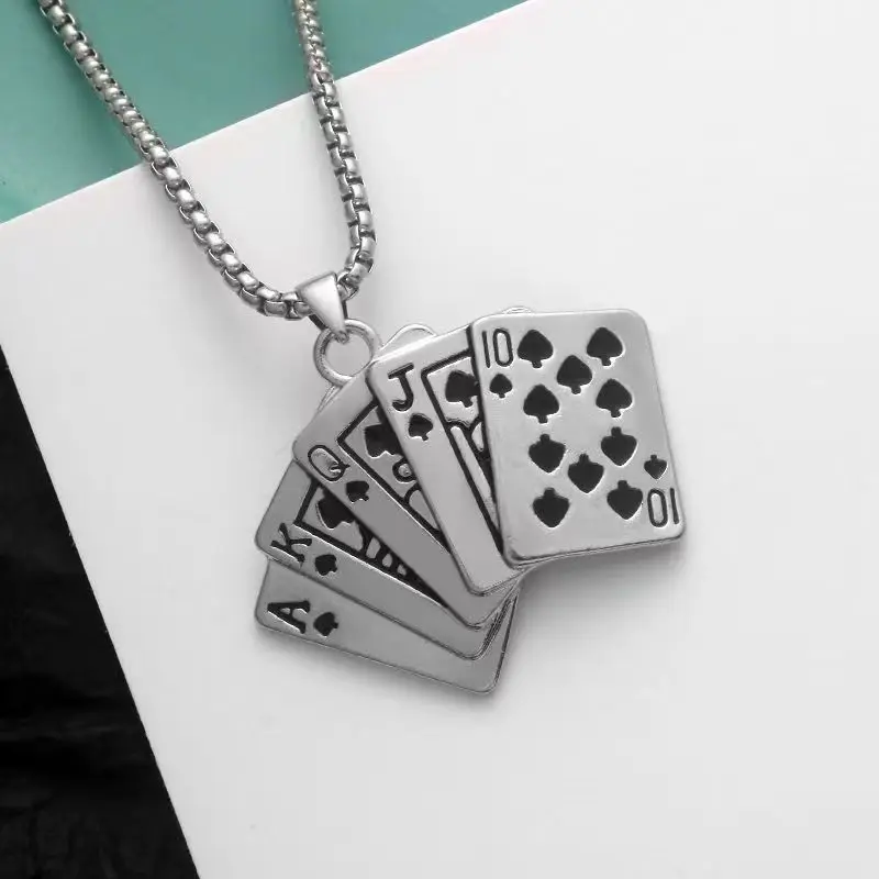 Trendy Hip-Hop Retro Poker Necklace Personalized Couple Inlaid Zirconia Sweater Chain for Women Men Fashion Jewelry Accessories