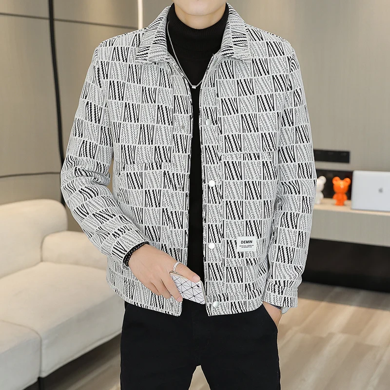 men's Autumn Winter grid pattern Jacket men turndown collar windproof Coat single-breasted jackets  casual Outerwear male