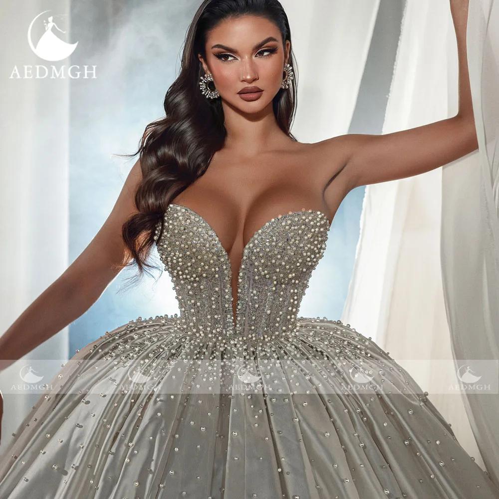 Aedmgh Ball Gown Royal Wedding Dresses For Women Strapless Vestido De Novia Beaded Sequined Matte Satin Custom Made Bridal Gowns