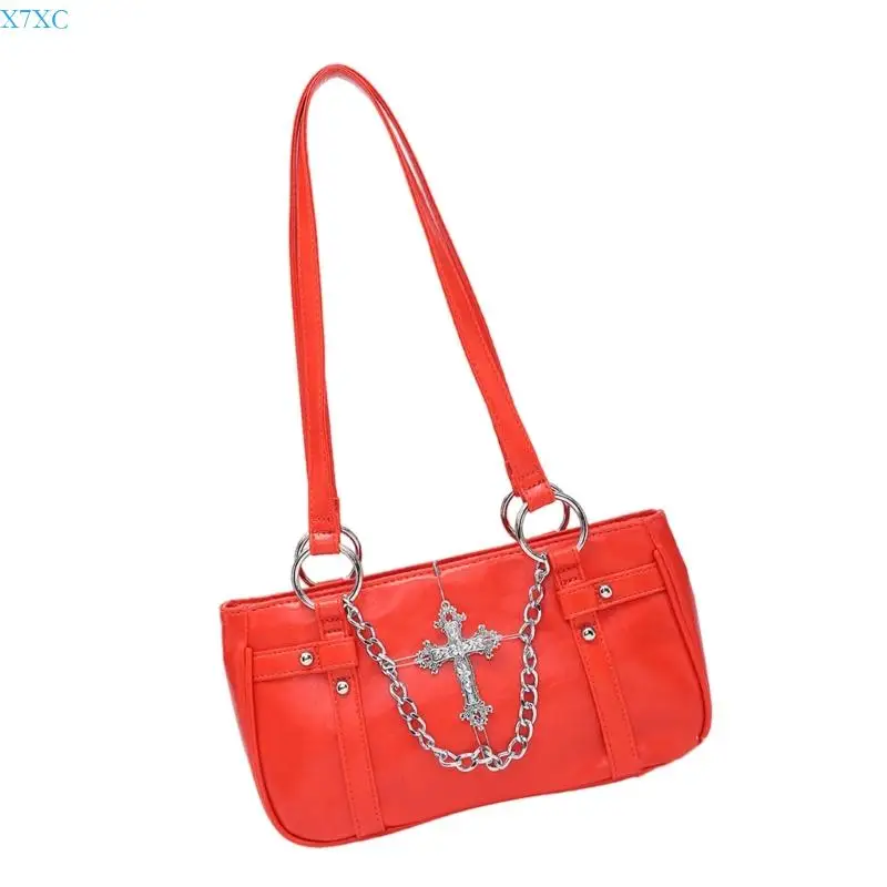 

X7XC Gothic Dark Metal Chain Decors Shoulder Underarm Bag For Fashion Lover