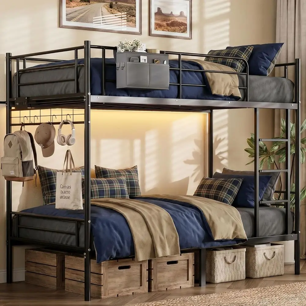 Twin Over Twin Bunk Bed with Power Outlet, LED Lights, Metal Rails, Storage Hooks, 440lbs Weight Capacity, Black