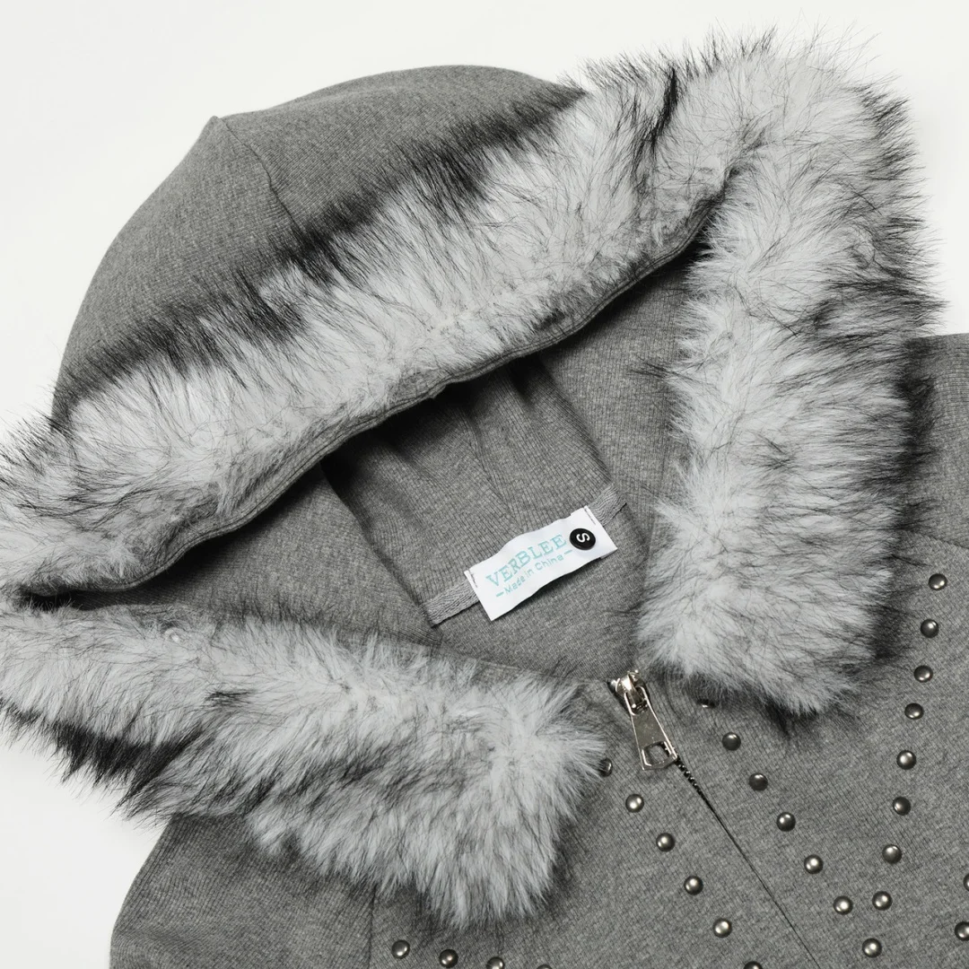 アメリカンヴィンテージ レベルガール エッジィネイルアートデザイン コージーフェイクファーカラー フード付きスウェットシャツ カーディガン