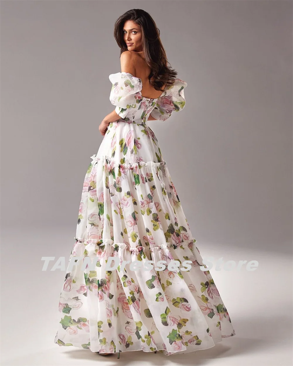 TAFN A-line Floral Dresses Sweetheart Evening Party Dresses Off the Shoulder Short Sleeves Prom Gown Photo Shoot Custom Made